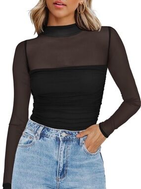 zeagoo Black Sheer Mock Neck Long Sleeve Top